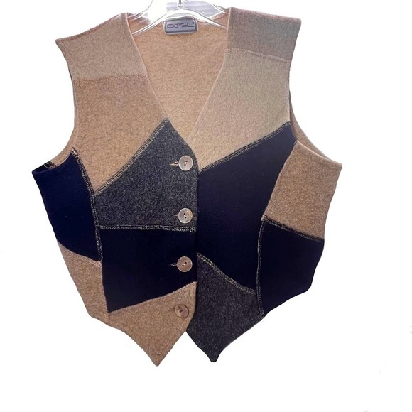 Vintage 80s 90s Lambswool Patchwork Crop Vest Mother-of-Pearl Buttons - Picture 1 of 5